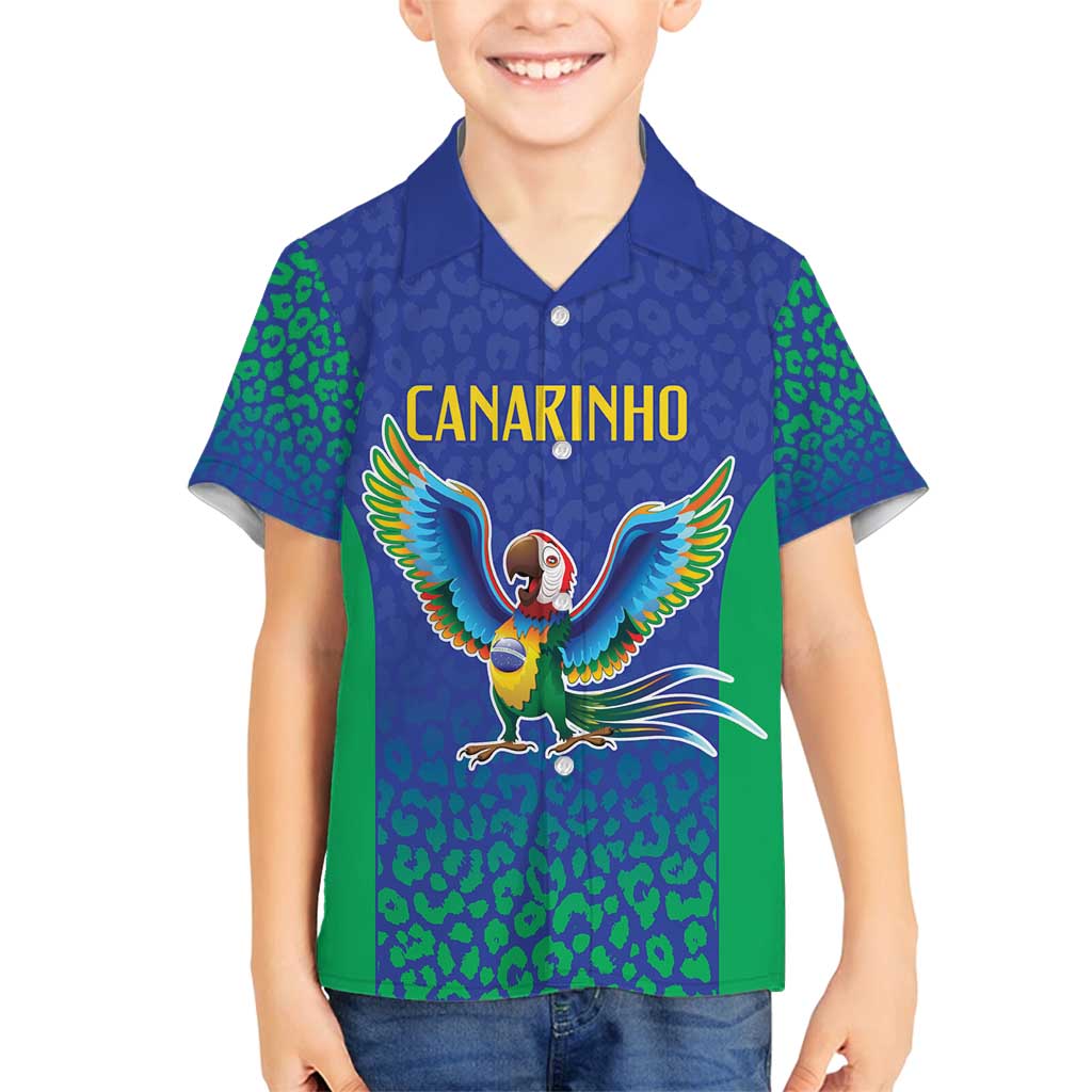 Brazil Canarinho Custom Family Matching Off Shoulder Short Dress and Hawaiian Shirt Macaw Mascot with Brazil Flag Colors