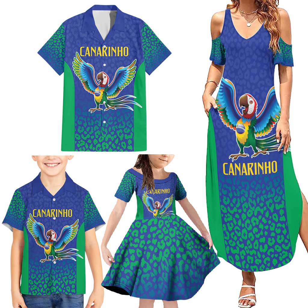 Brazil Canarinho Custom Family Matching Summer Maxi Dress and Hawaiian Shirt Macaw Mascot with Brazil Flag Colors