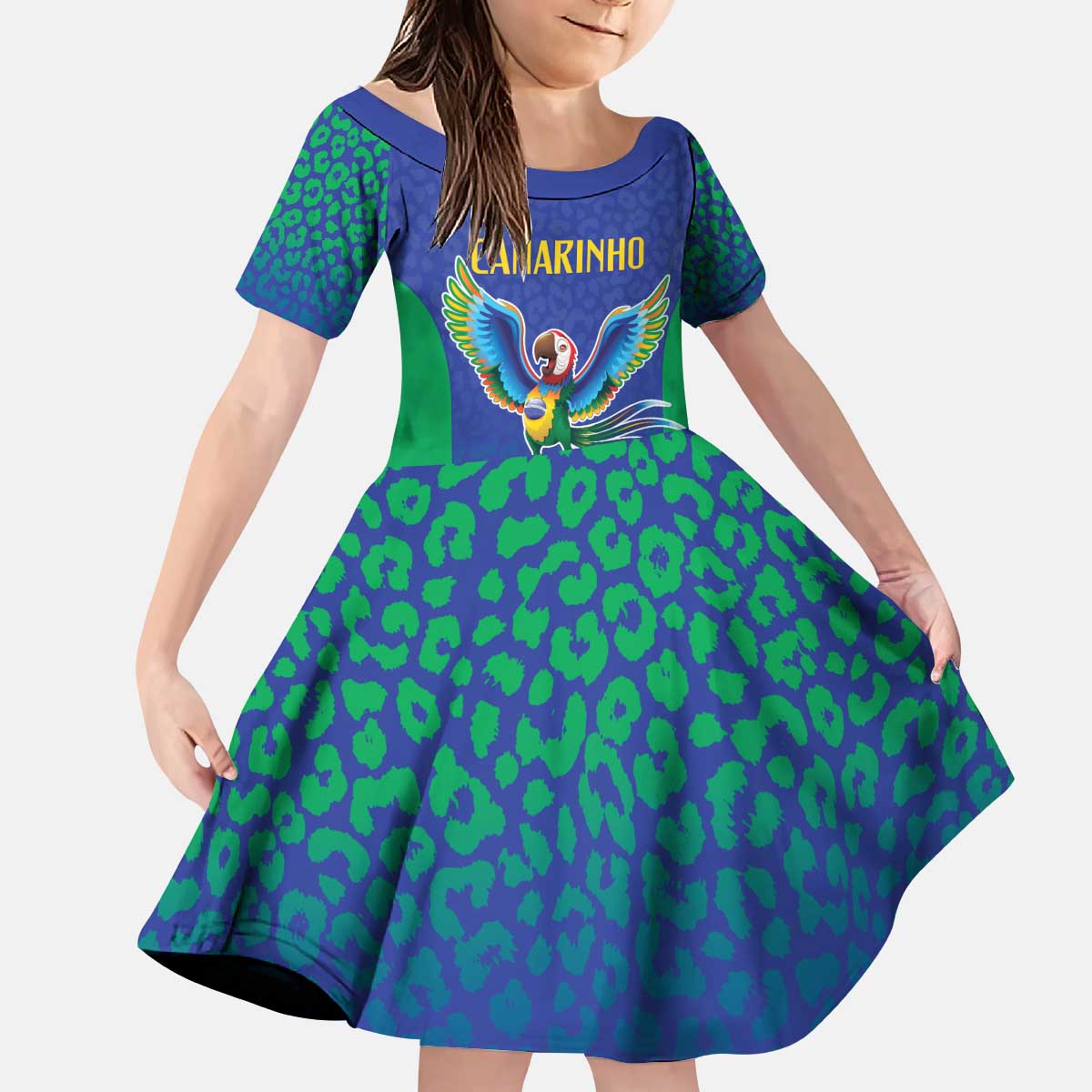 Brazil Canarinho Custom Kid Short Sleeve Dress Macaw Mascot with Brazil Flag Colors