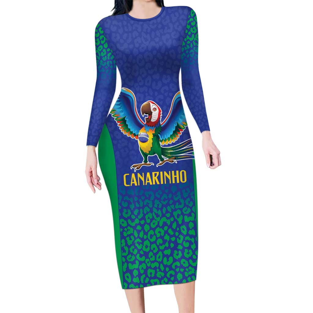 Brazil Canarinho Custom Long Sleeve Bodycon Dress Macaw Mascot with Brazil Flag Colors