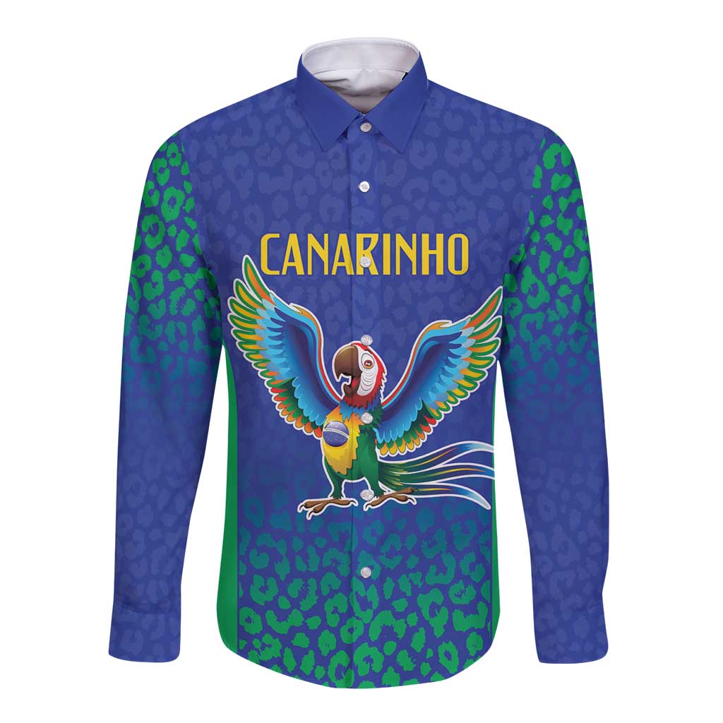 Brazil Canarinho Custom Long Sleeve Button Shirt Macaw Mascot with Brazil Flag Colors