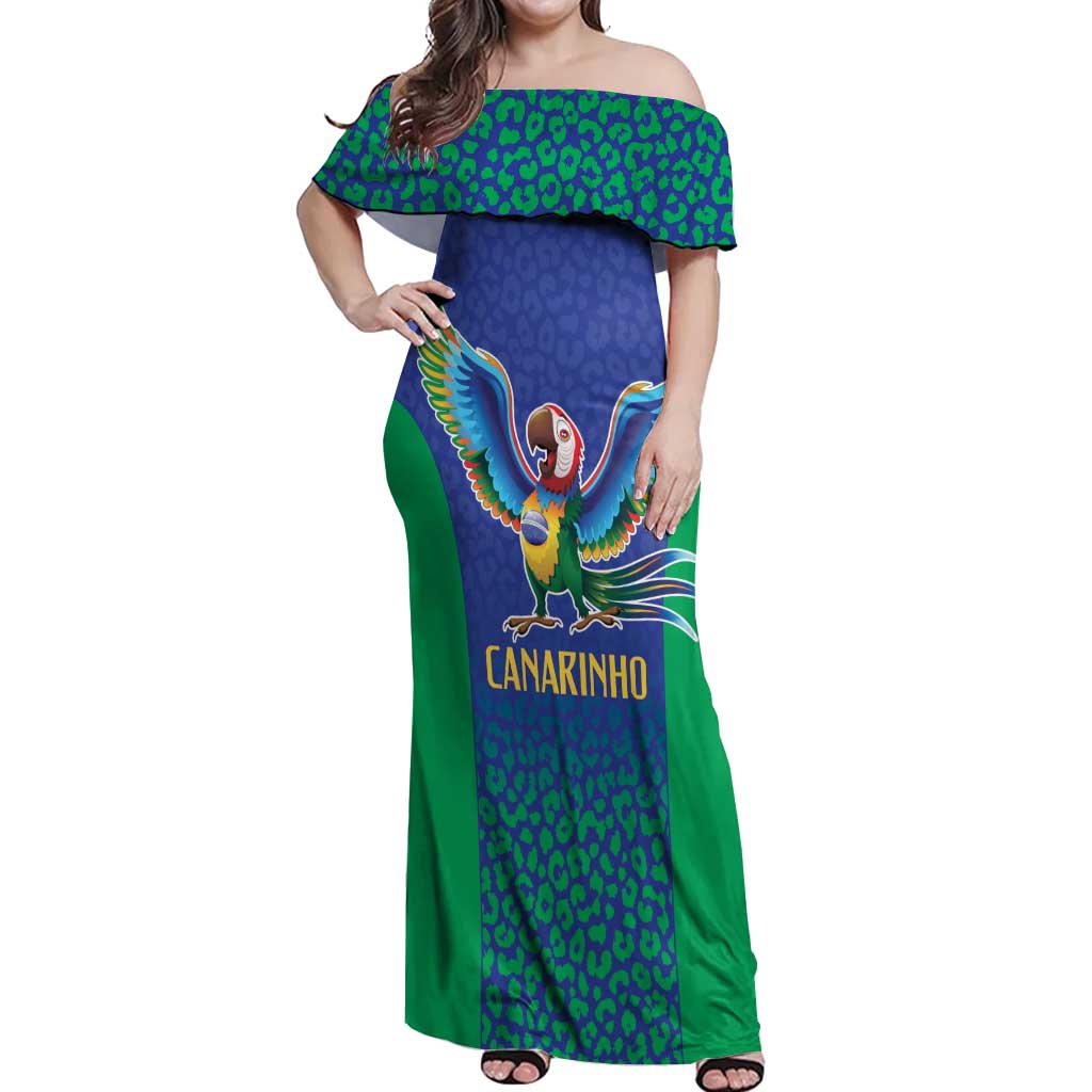 Brazil Canarinho Custom Off Shoulder Maxi Dress Macaw Mascot with Brazil Flag Colors