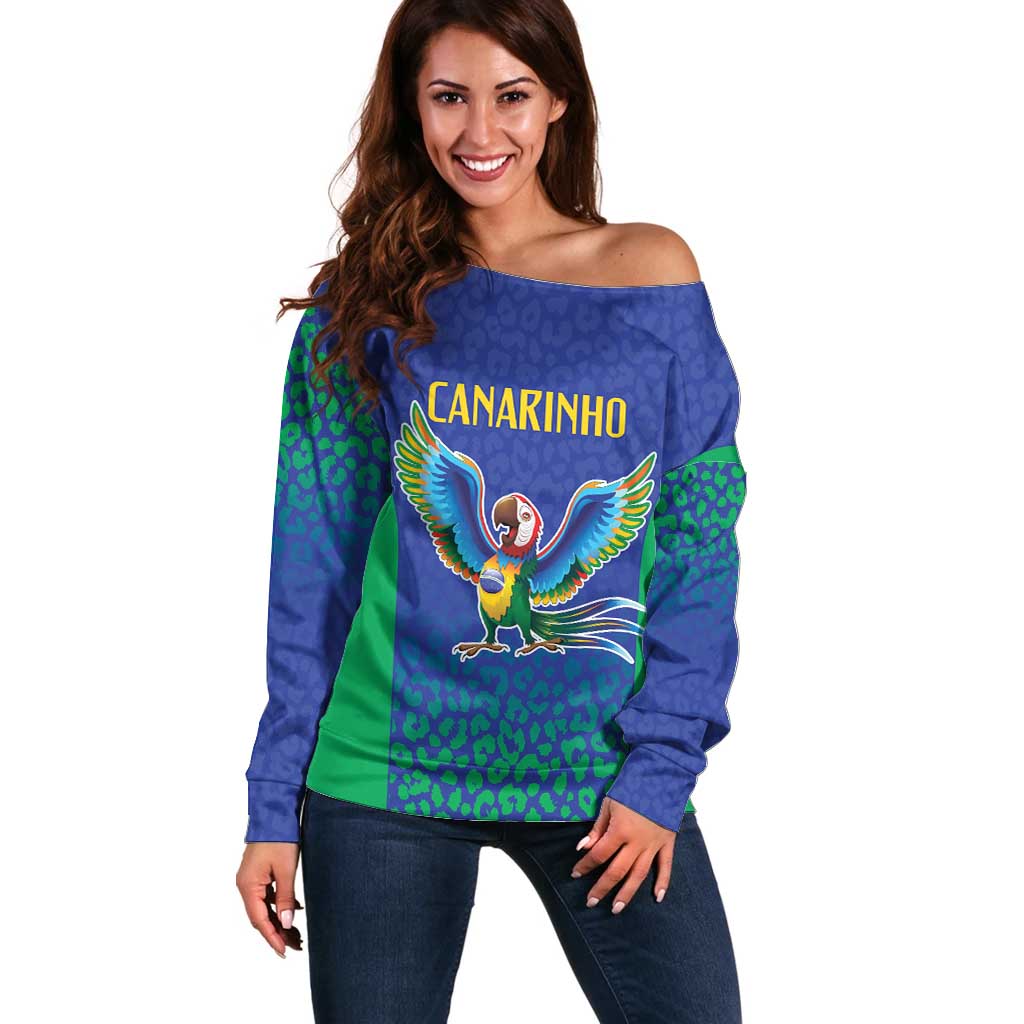 Brazil Canarinho Custom Off Shoulder Sweater Macaw Mascot with Brazil Flag Colors