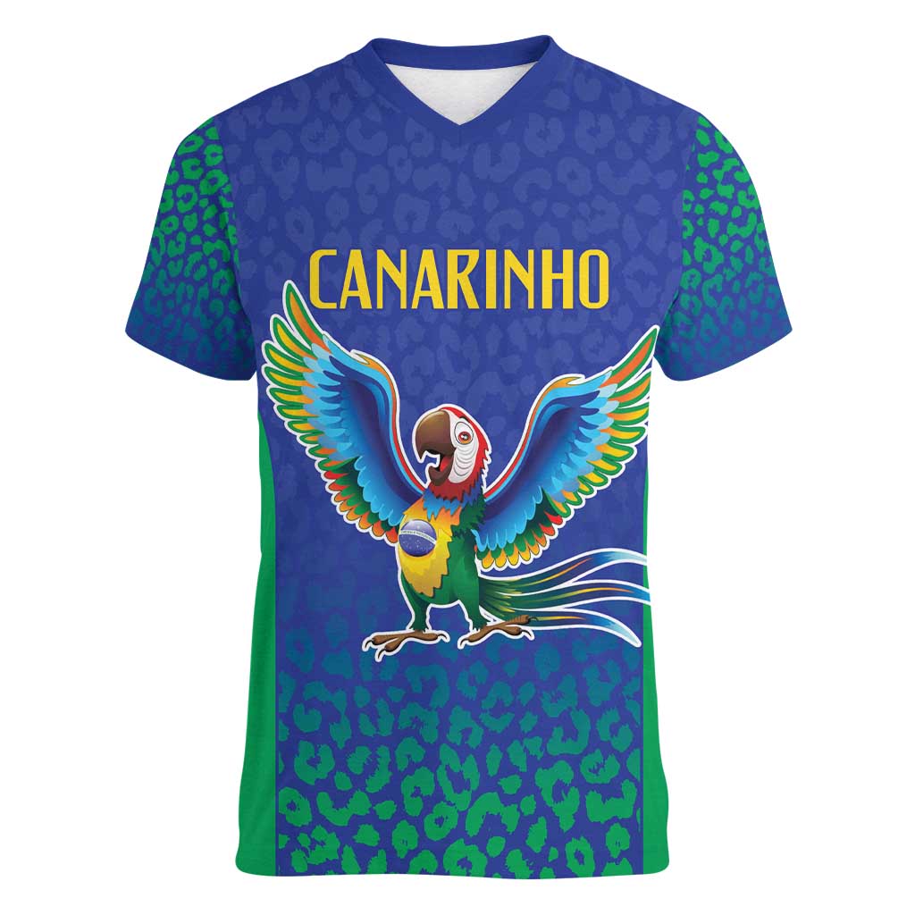 Brazil Canarinho Custom Women V-Neck T-Shirt Macaw Mascot with Brazil Flag Colors
