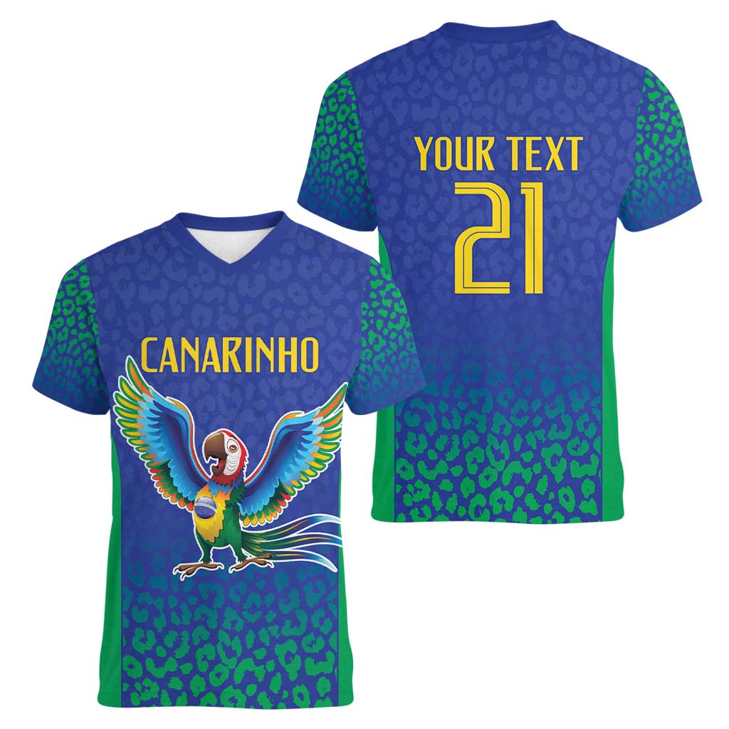 Brazil Canarinho Custom Women V-Neck T-Shirt Macaw Mascot with Brazil Flag Colors