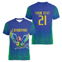 Brazil Canarinho Custom Women V-Neck T-Shirt Macaw Mascot with Brazil Flag Colors