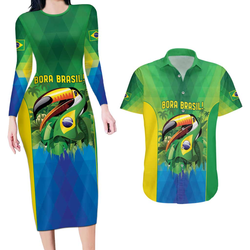 Brazil Football Custom Couples Matching Long Sleeve Bodycon Dress and Hawaiian Shirt Toco Toucan Bora Brasil! Go Brazil!