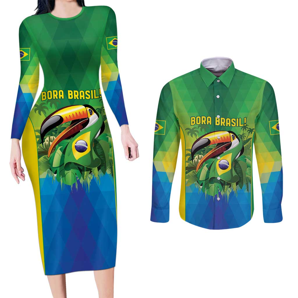 Brazil Football Custom Couples Matching Long Sleeve Bodycon Dress and Long Sleeve Button Shirt Toco Toucan Bora Brasil! Go Brazil!