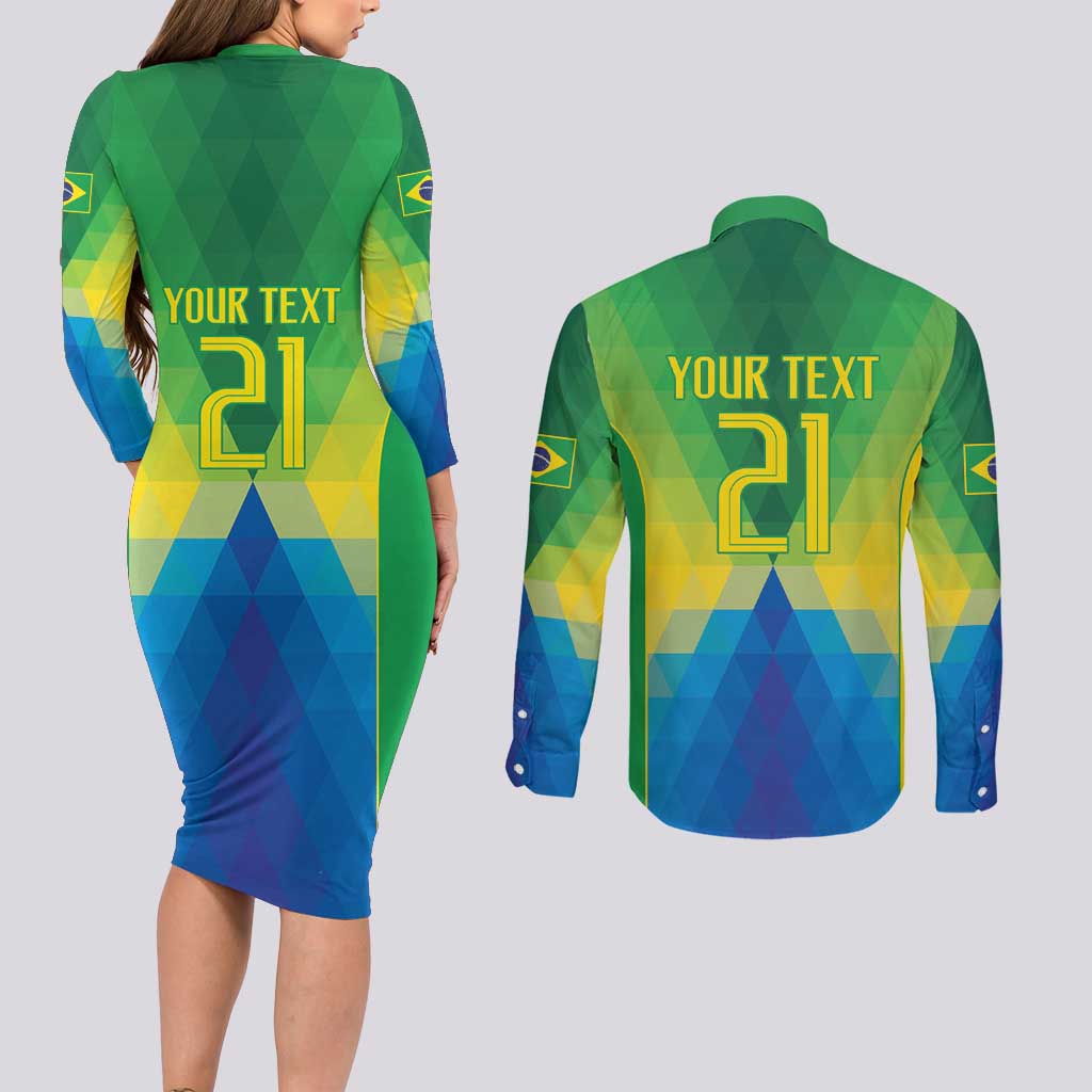 Brazil Football Custom Couples Matching Long Sleeve Bodycon Dress and Long Sleeve Button Shirt Toco Toucan Bora Brasil! Go Brazil!