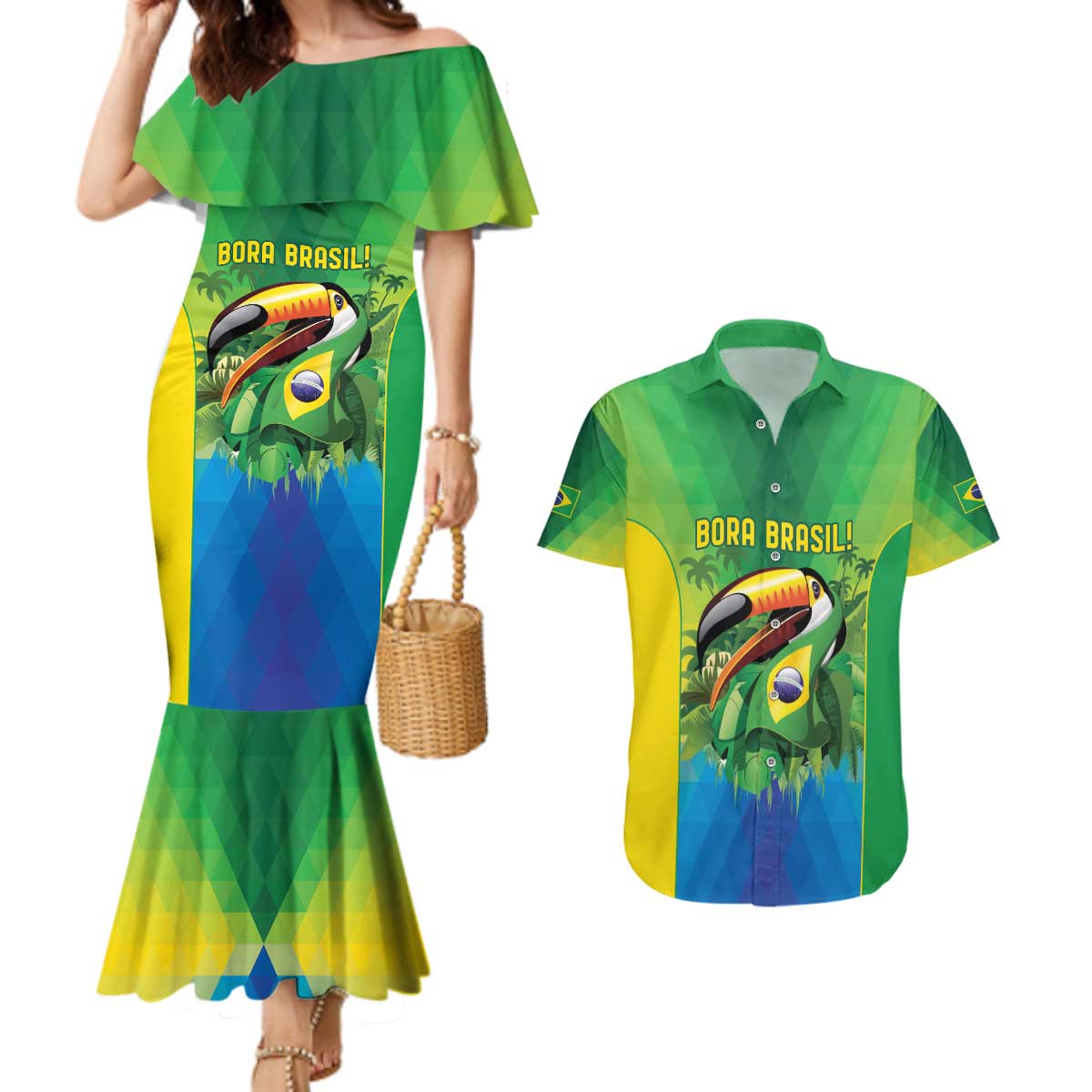 Brazil Football Custom Couples Matching Mermaid Dress and Hawaiian Shirt Toco Toucan Bora Brasil! Go Brazil!