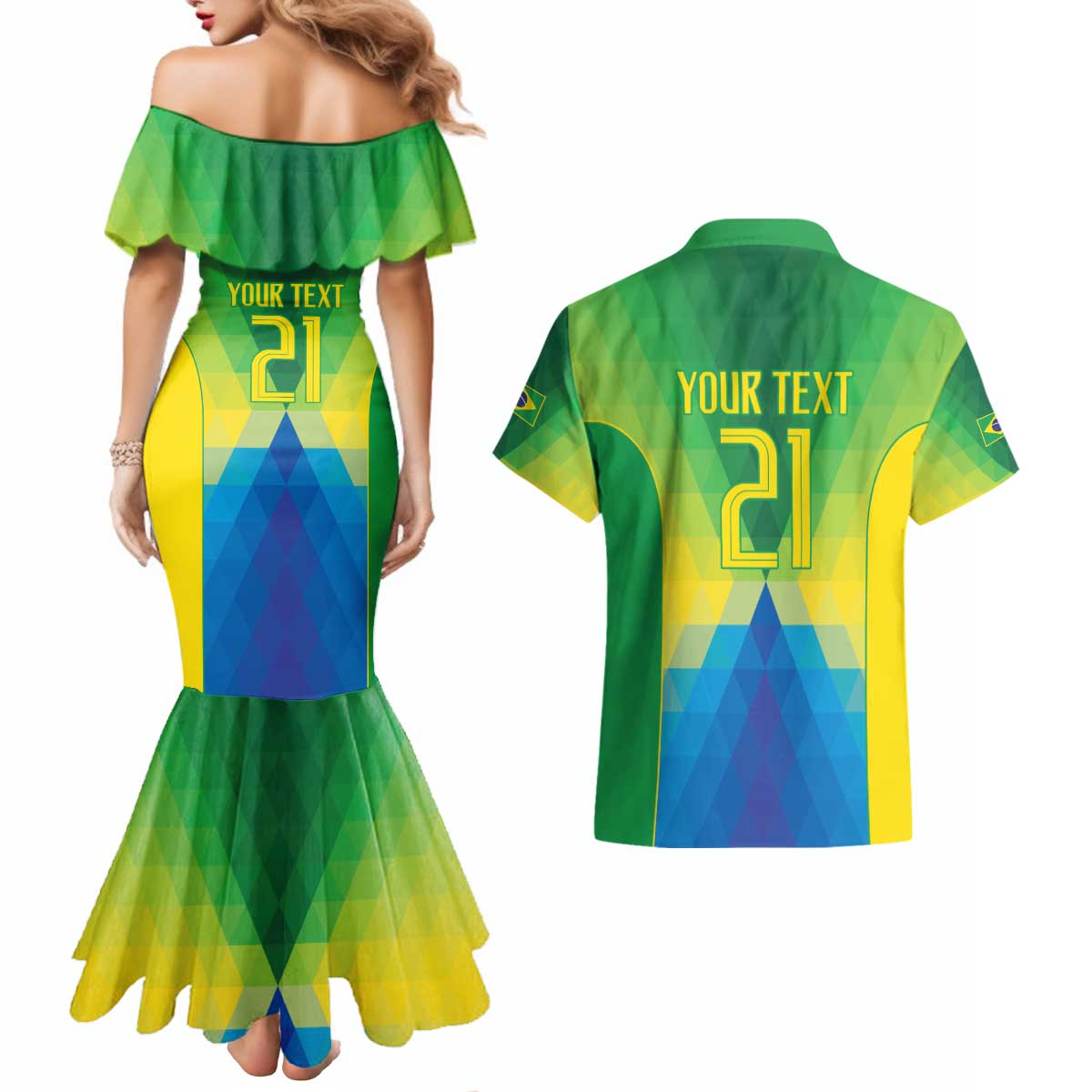 Brazil Football Custom Couples Matching Mermaid Dress and Hawaiian Shirt Toco Toucan Bora Brasil! Go Brazil!