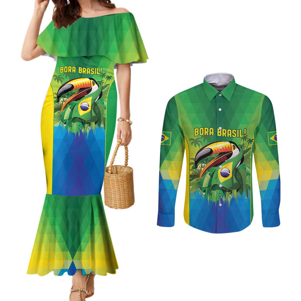 Brazil Football Custom Couples Matching Mermaid Dress and Long Sleeve Button Shirt Toco Toucan Bora Brasil! Go Brazil!