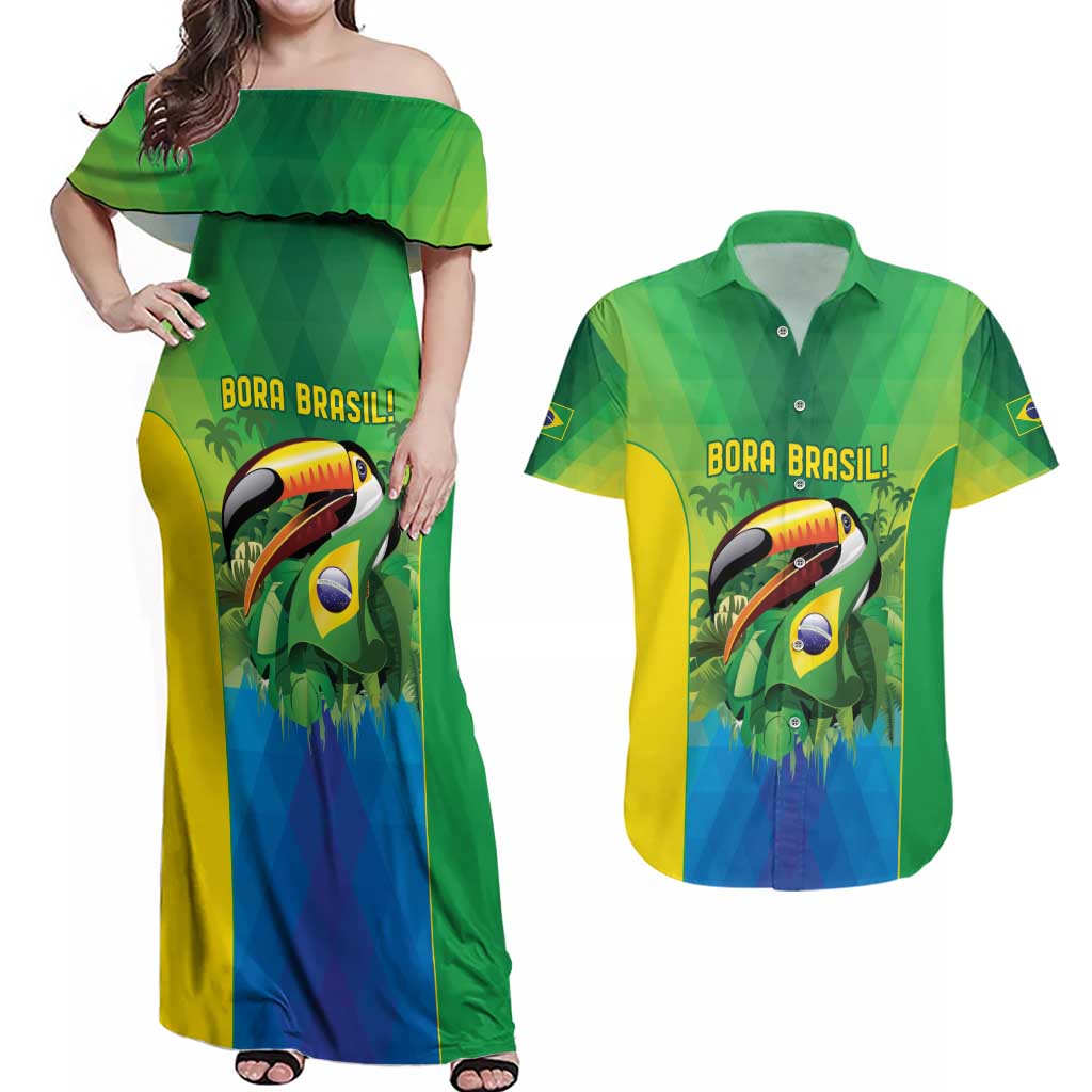 Brazil Football Custom Couples Matching Off Shoulder Maxi Dress and Hawaiian Shirt Toco Toucan Bora Brasil! Go Brazil!