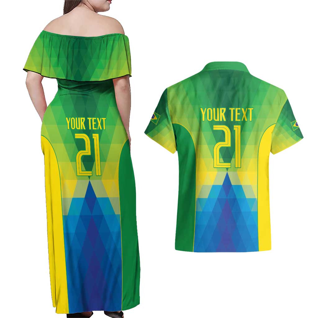 Brazil Football Custom Couples Matching Off Shoulder Maxi Dress and Hawaiian Shirt Toco Toucan Bora Brasil! Go Brazil!