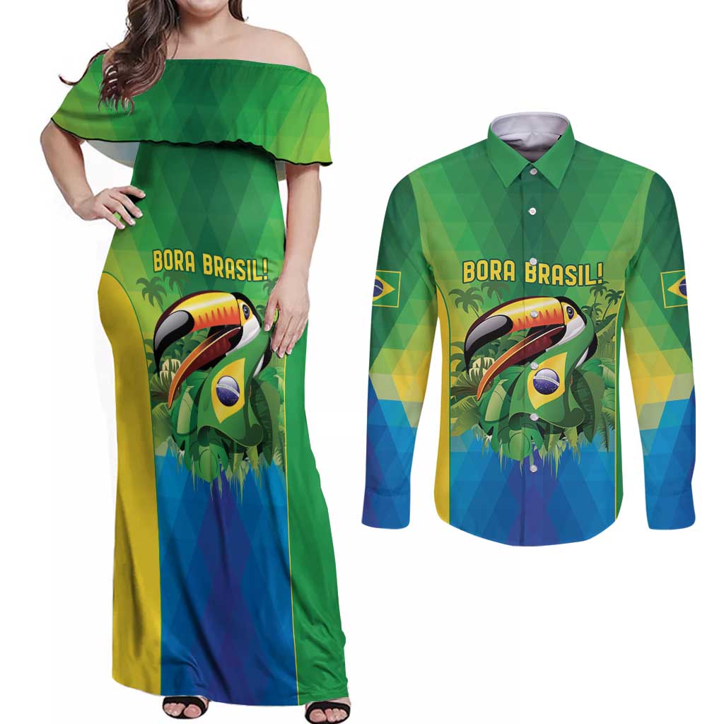 Brazil Football Custom Couples Matching Off Shoulder Maxi Dress and Long Sleeve Button Shirt Toco Toucan Bora Brasil! Go Brazil!