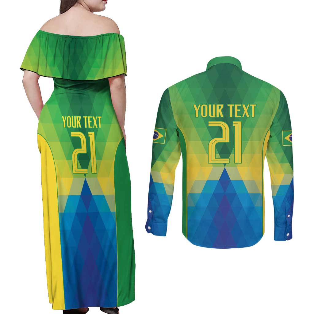 Brazil Football Custom Couples Matching Off Shoulder Maxi Dress and Long Sleeve Button Shirt Toco Toucan Bora Brasil! Go Brazil!