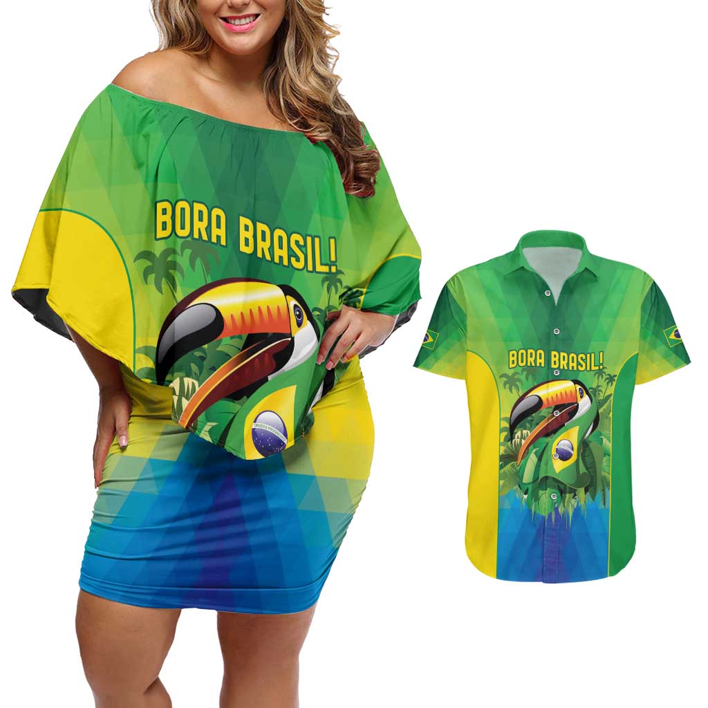 Brazil Football Custom Couples Matching Off Shoulder Short Dress and Hawaiian Shirt Toco Toucan Bora Brasil! Go Brazil!
