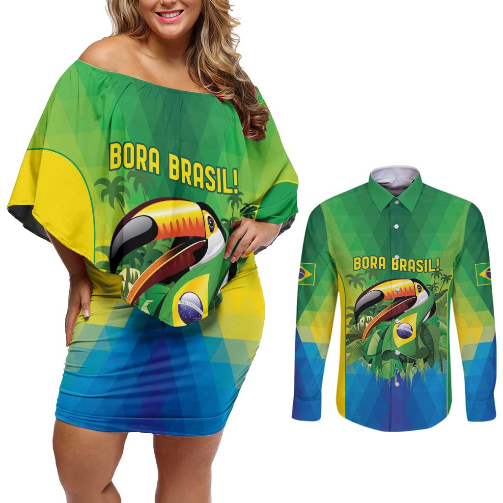 Brazil Football Custom Couples Matching Off Shoulder Short Dress and Long Sleeve Button Shirt Toco Toucan Bora Brasil! Go Brazil!