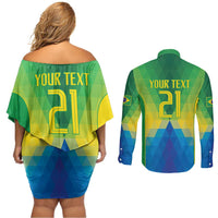 Brazil Football Custom Couples Matching Off Shoulder Short Dress and Long Sleeve Button Shirt Toco Toucan Bora Brasil! Go Brazil!