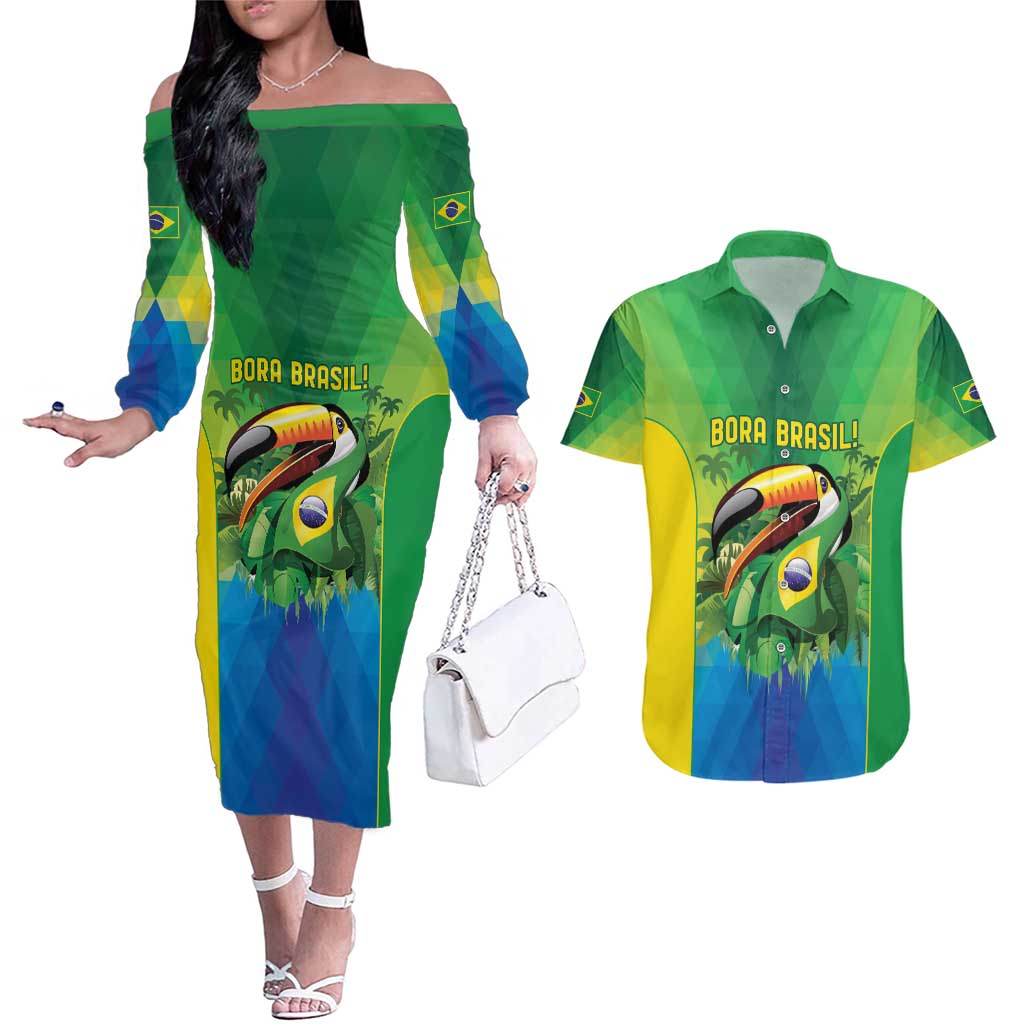 Brazil Football Custom Couples Matching Off The Shoulder Long Sleeve Dress and Hawaiian Shirt Toco Toucan Bora Brasil! Go Brazil!