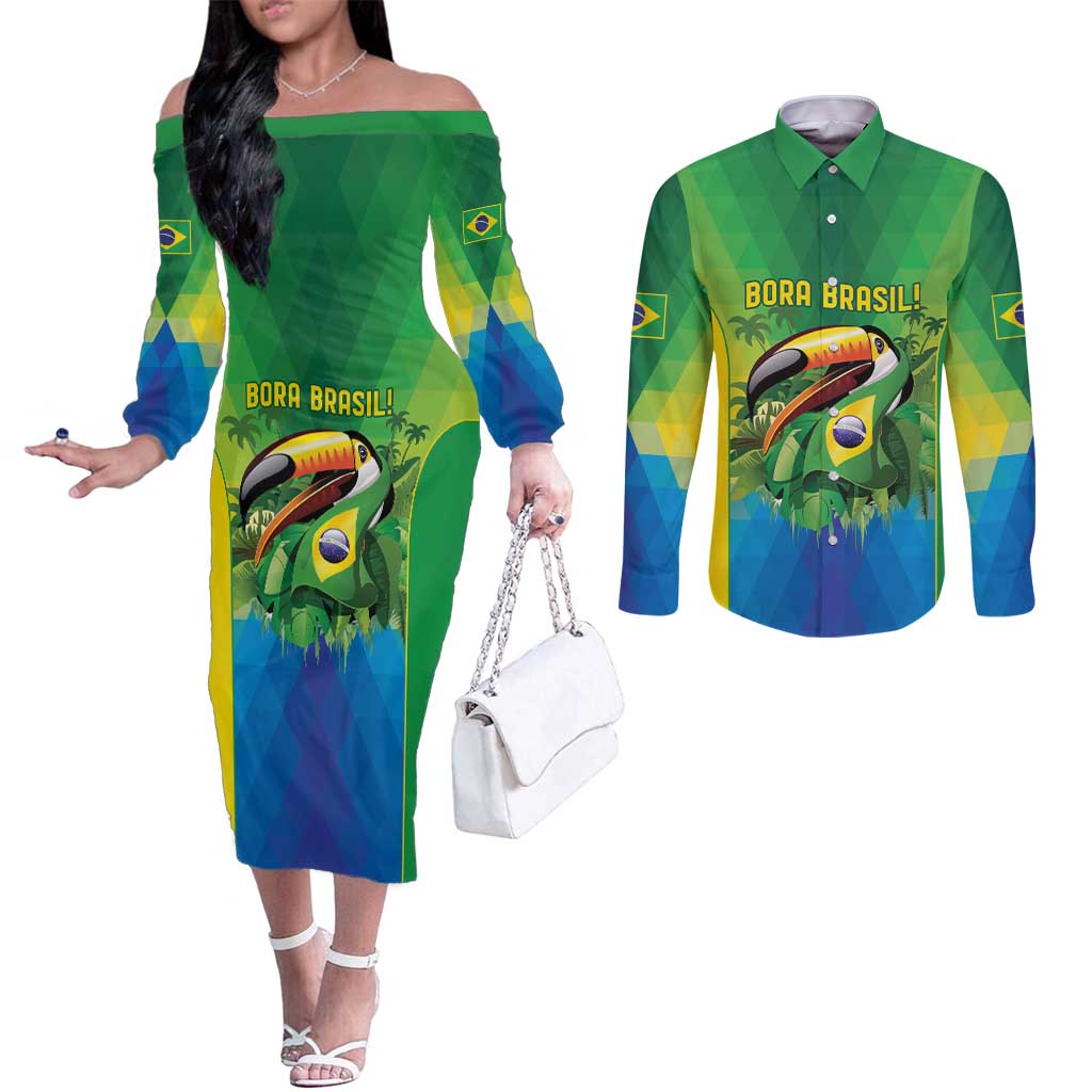 Brazil Football Custom Couples Matching Off The Shoulder Long Sleeve Dress and Long Sleeve Button Shirt Toco Toucan Bora Brasil! Go Brazil!