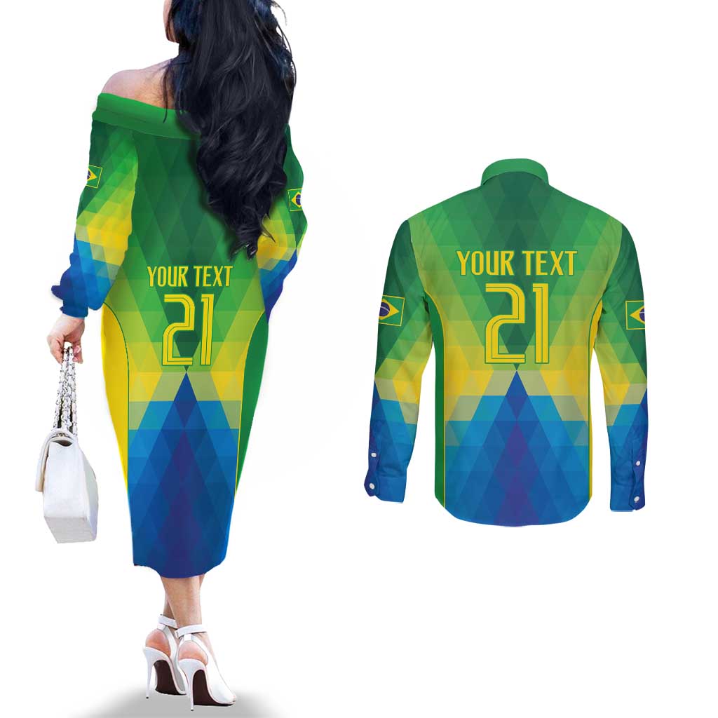 Brazil Football Custom Couples Matching Off The Shoulder Long Sleeve Dress and Long Sleeve Button Shirt Toco Toucan Bora Brasil! Go Brazil!