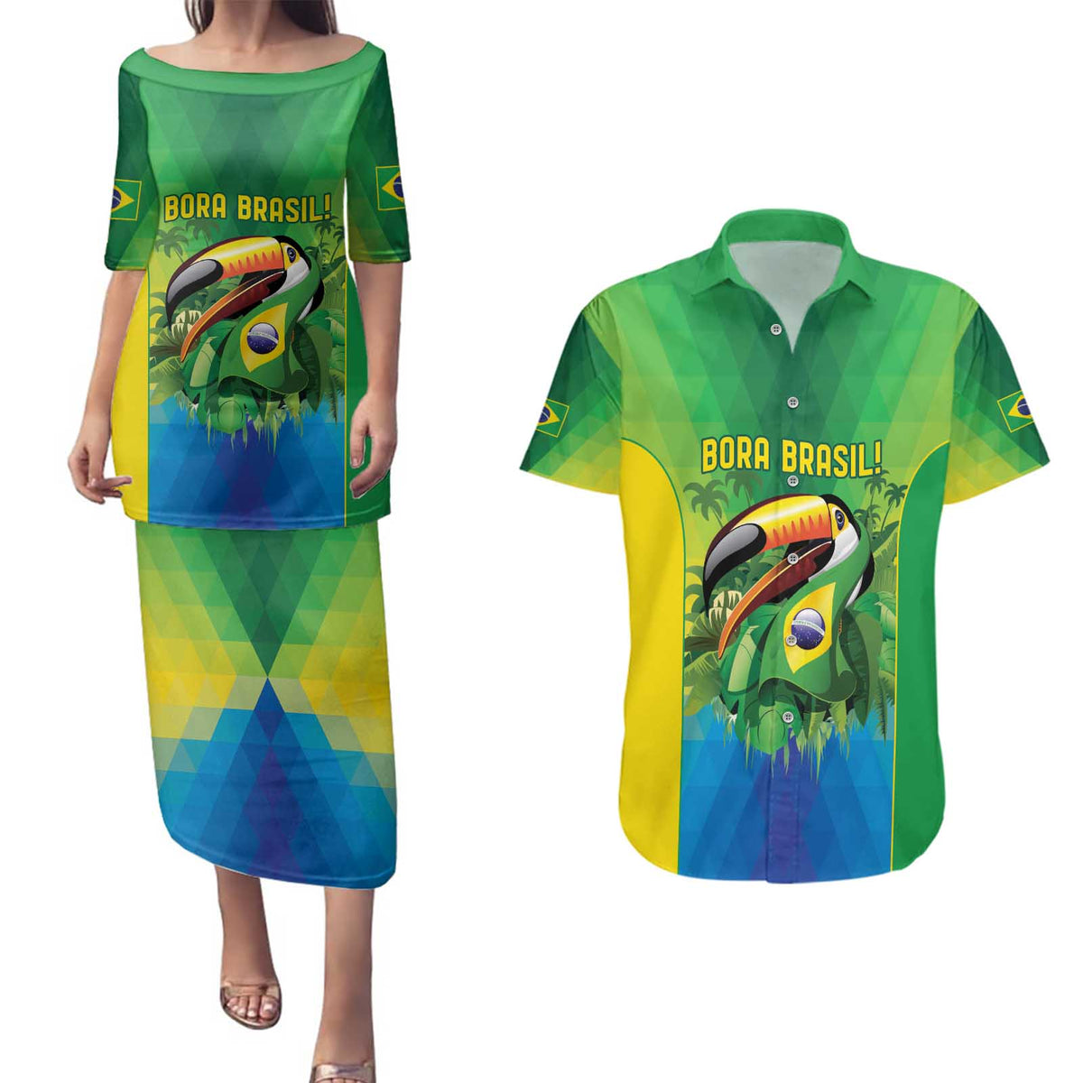 Brazil Football Custom Couples Matching Puletasi and Hawaiian Shirt Toco Toucan Bora Brasil! Go Brazil!