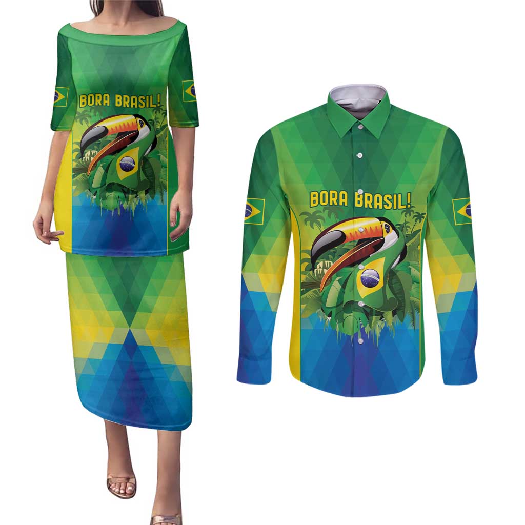 Brazil Football Custom Couples Matching Puletasi and Long Sleeve Button Shirt Toco Toucan Bora Brasil! Go Brazil!