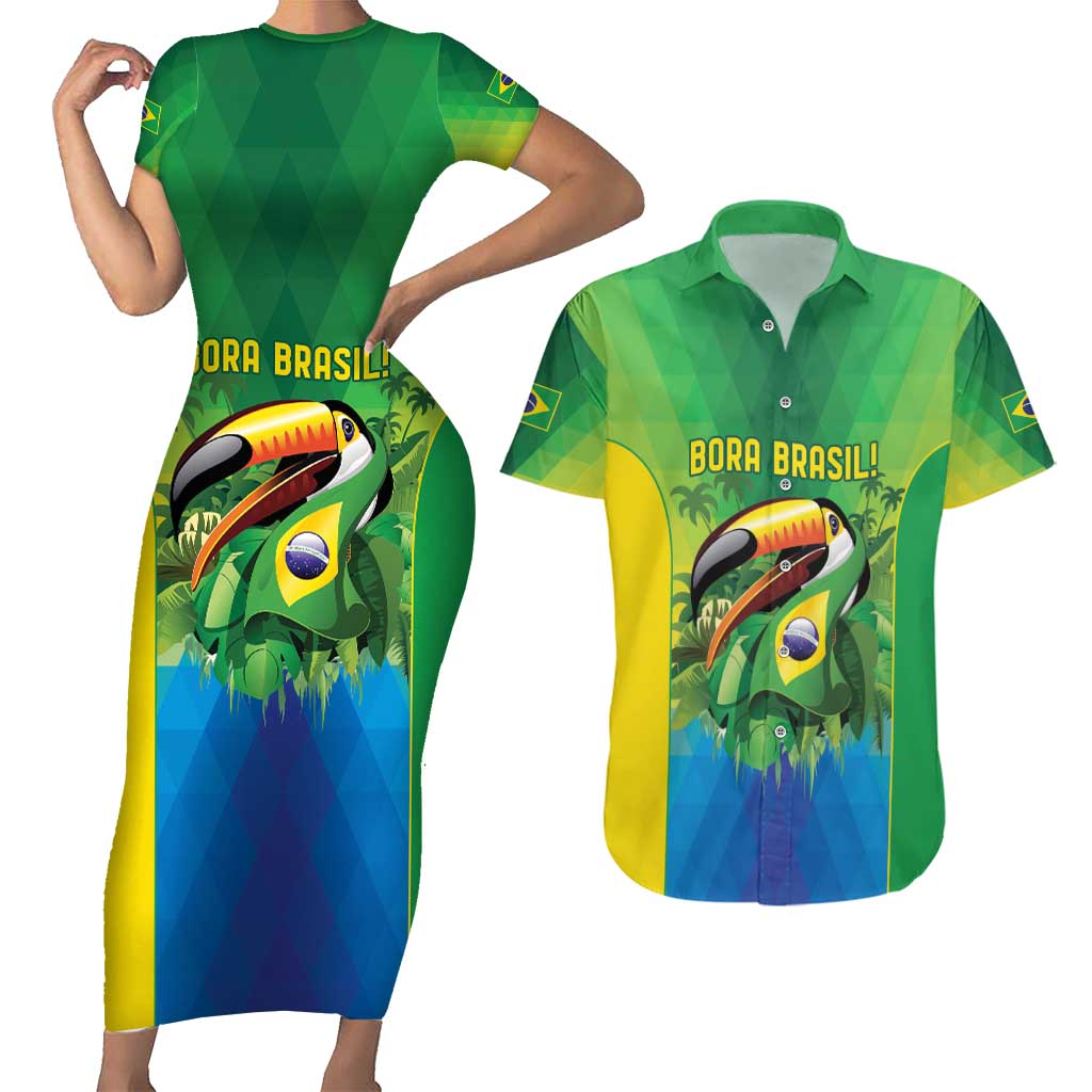 Brazil Football Custom Couples Matching Short Sleeve Bodycon Dress and Hawaiian Shirt Toco Toucan Bora Brasil! Go Brazil!