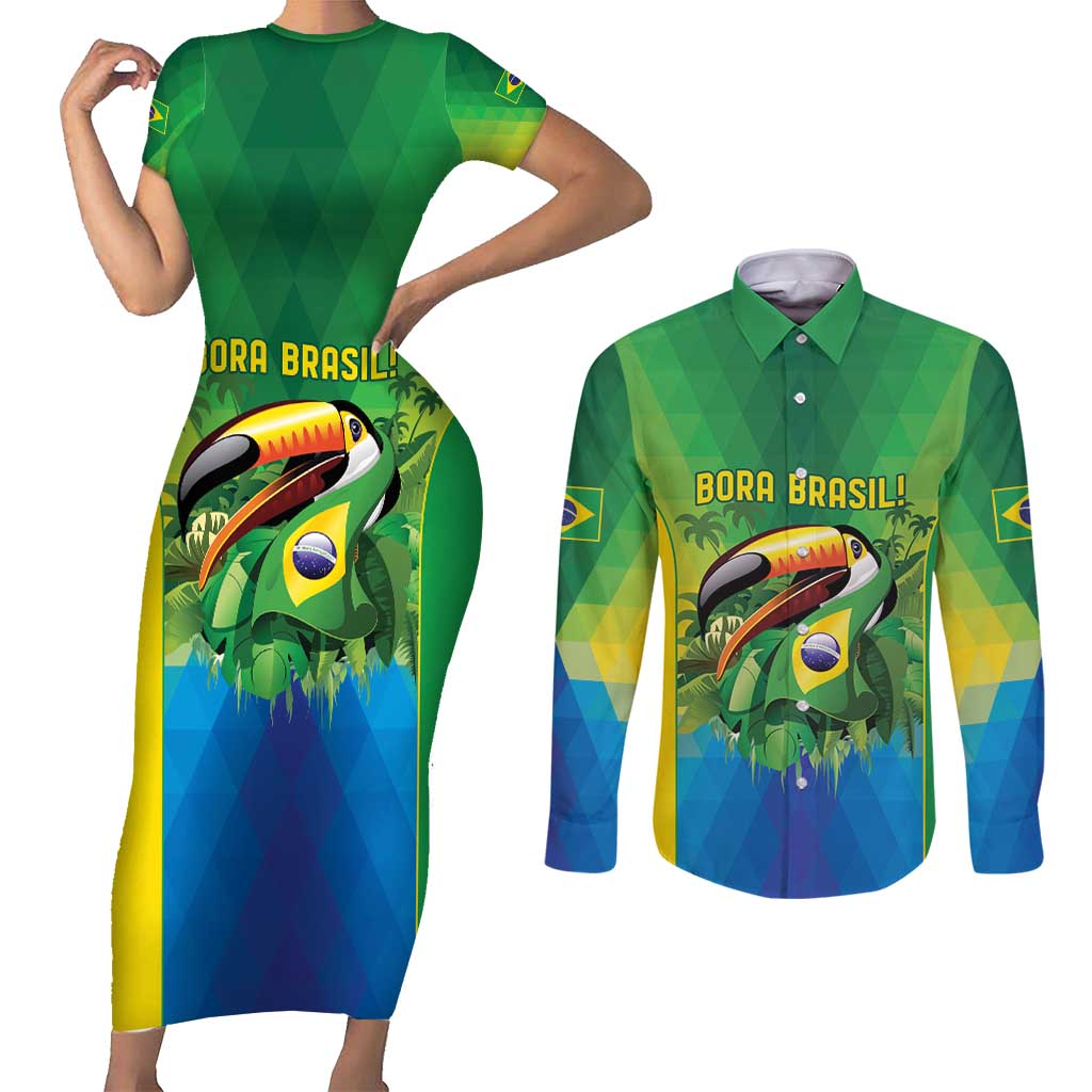 Brazil Football Custom Couples Matching Short Sleeve Bodycon Dress and Long Sleeve Button Shirt Toco Toucan Bora Brasil! Go Brazil!
