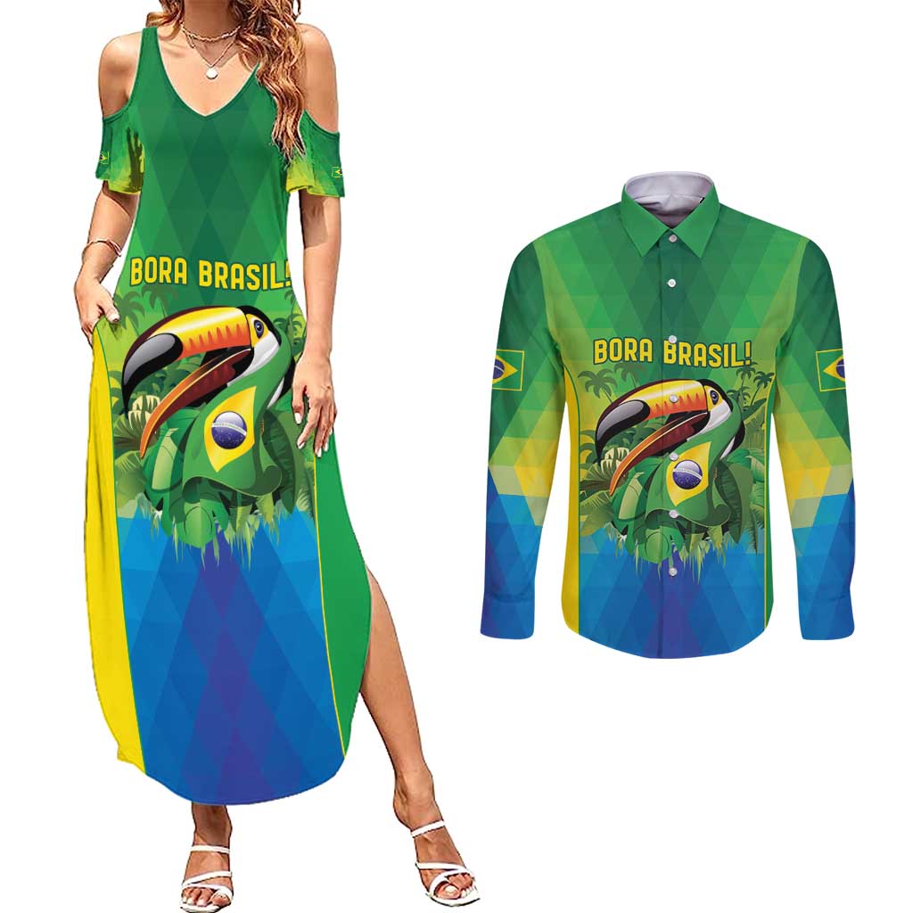 Brazil Football Custom Couples Matching Summer Maxi Dress and Long Sleeve Button Shirt Toco Toucan Bora Brasil! Go Brazil!