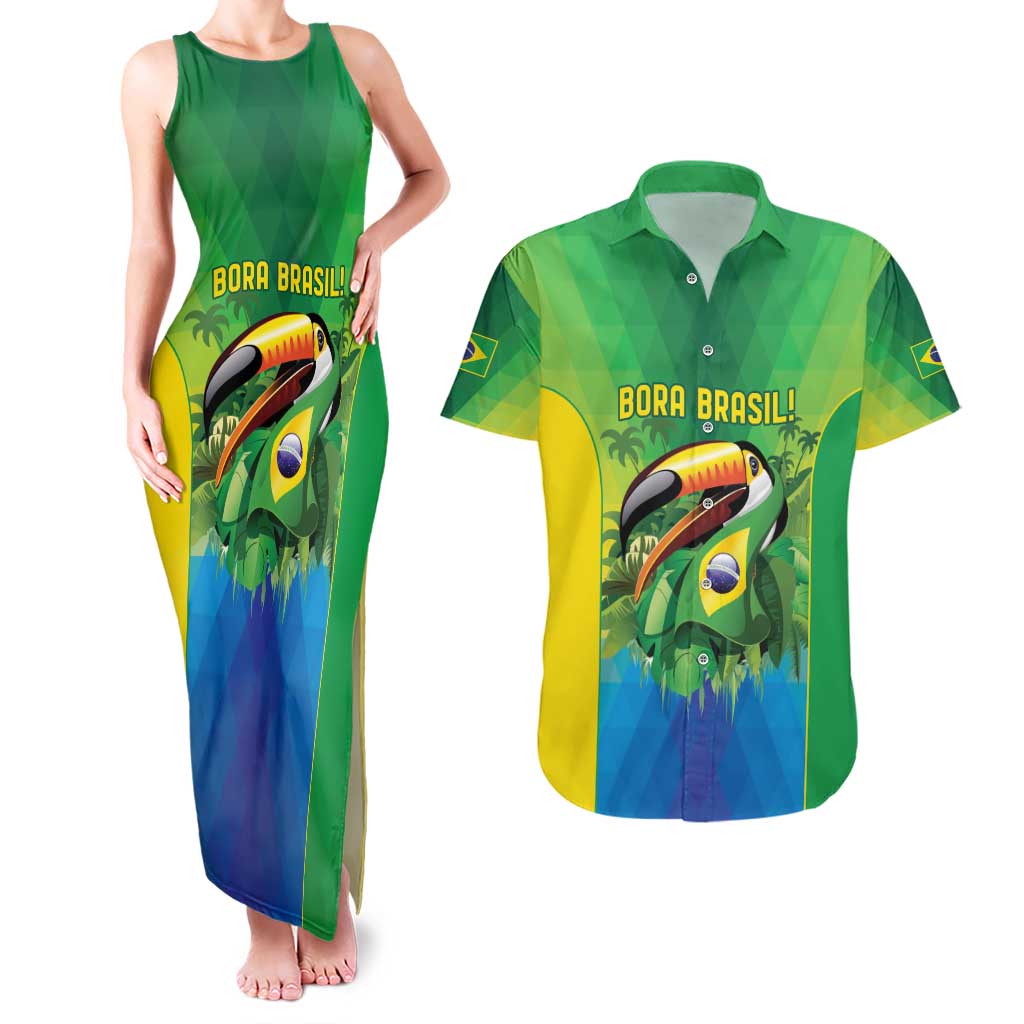 Brazil Football Custom Couples Matching Tank Maxi Dress and Hawaiian Shirt Toco Toucan Bora Brasil! Go Brazil!