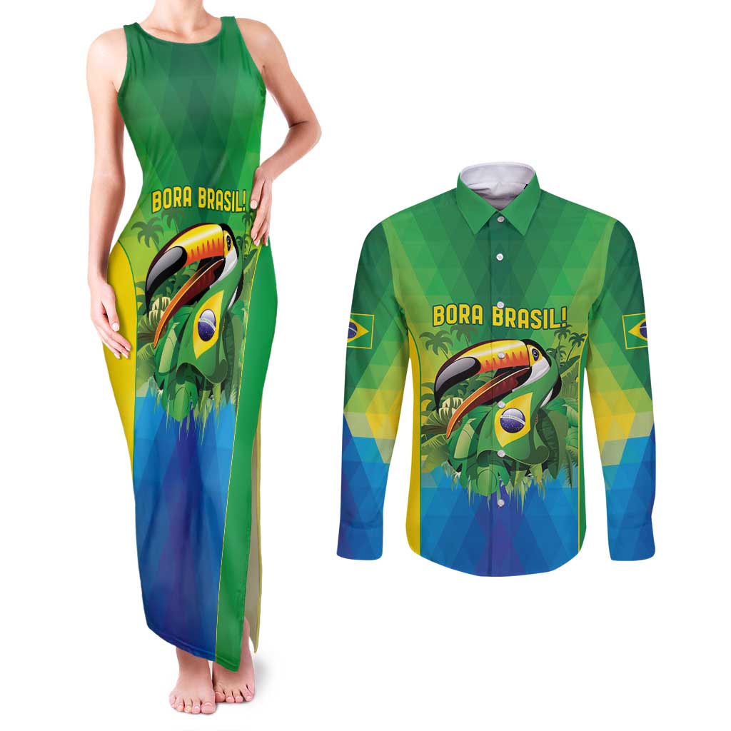 Brazil Football Custom Couples Matching Tank Maxi Dress and Long Sleeve Button Shirt Toco Toucan Bora Brasil! Go Brazil!
