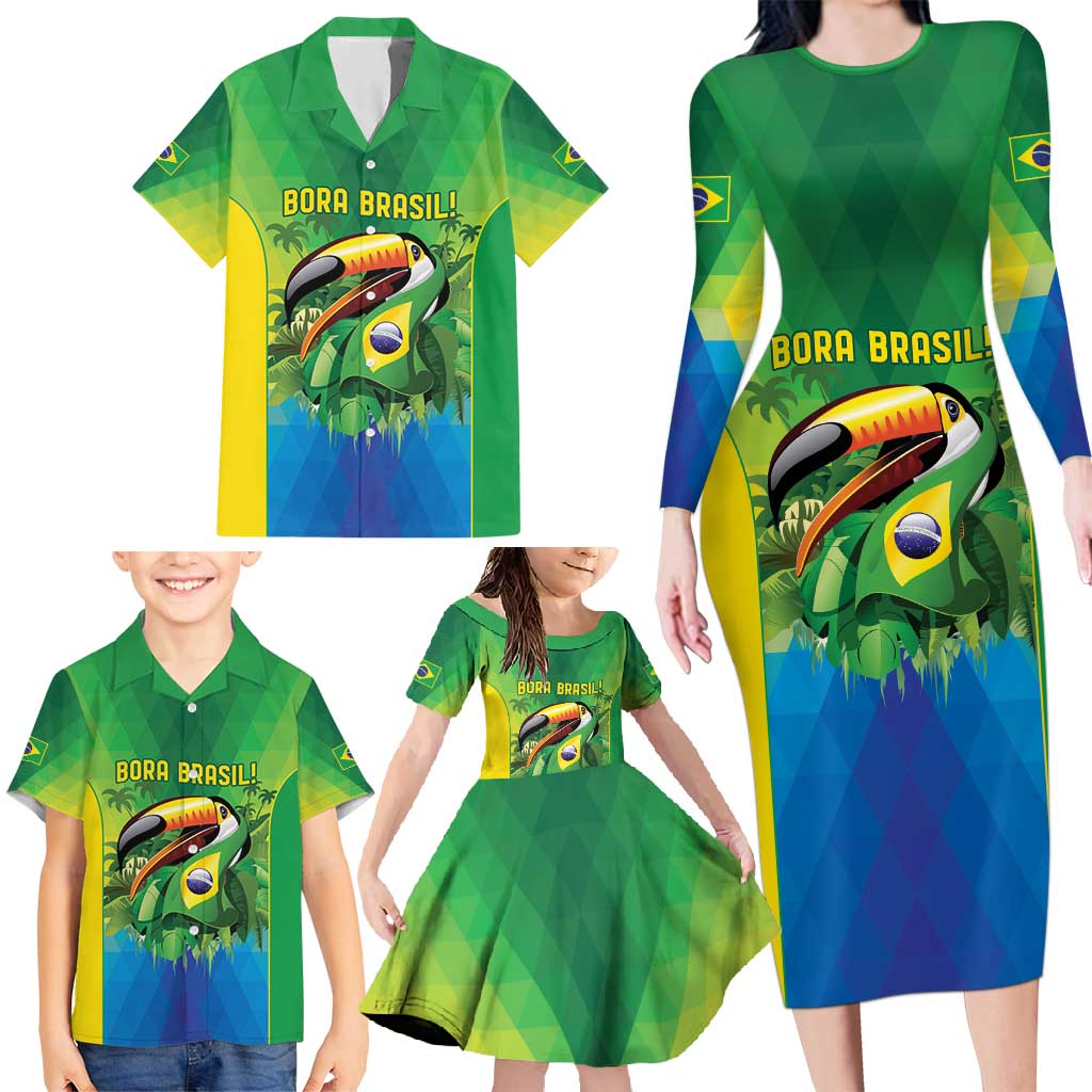 Brazil Football Custom Family Matching Long Sleeve Bodycon Dress and Hawaiian Shirt Toco Toucan Bora Brasil! Go Brazil!