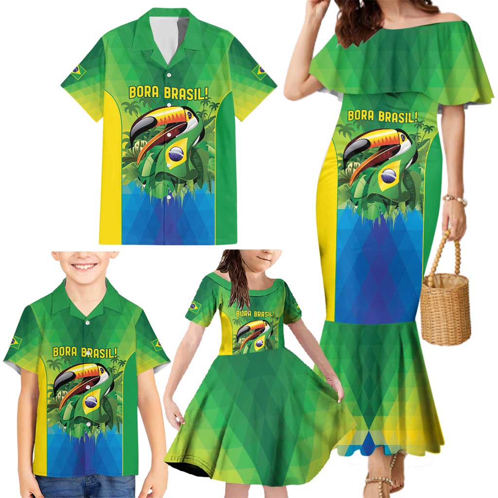 Brazil Football Custom Family Matching Mermaid Dress and Hawaiian Shirt Toco Toucan Bora Brasil! Go Brazil!