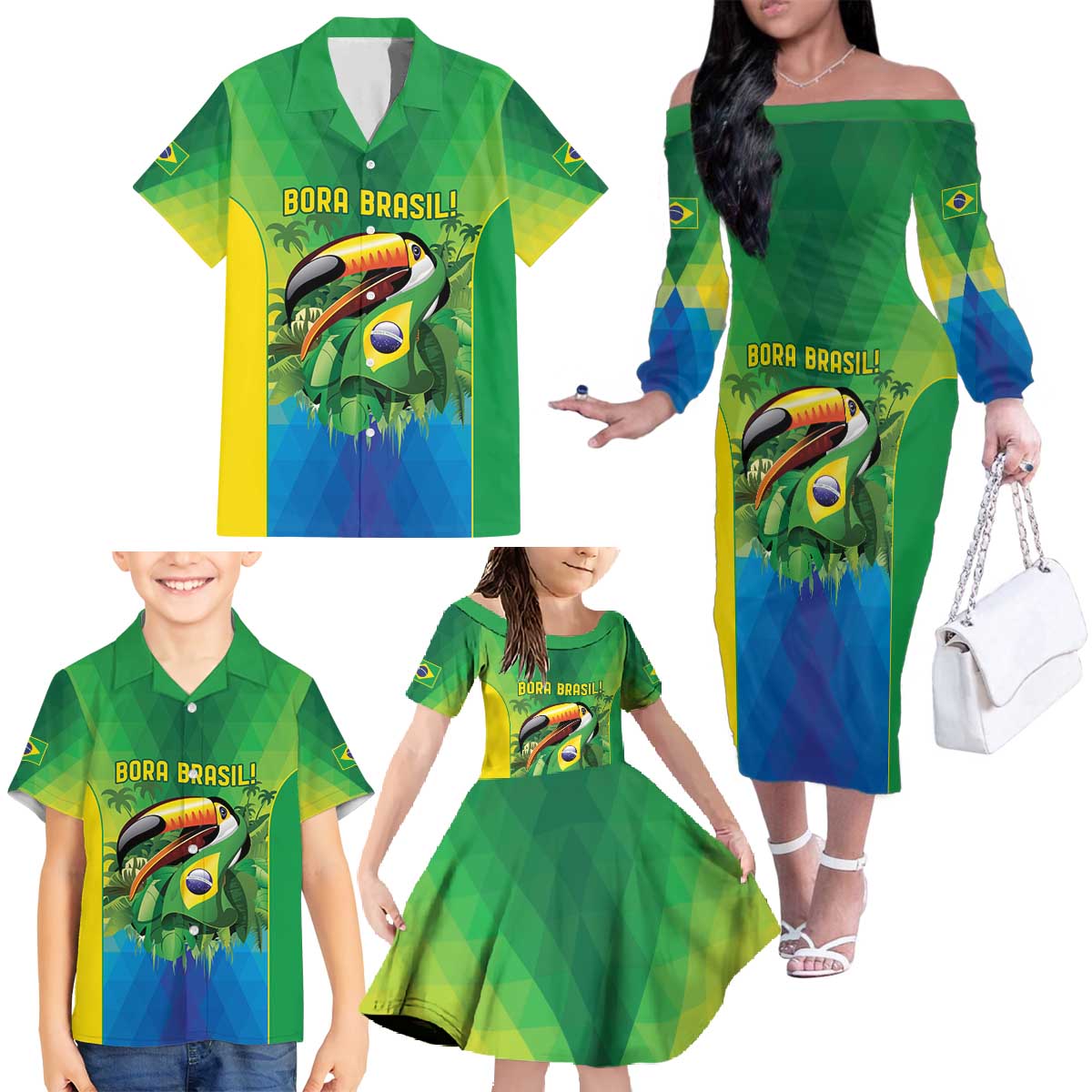 Brazil Football Custom Family Matching Off The Shoulder Long Sleeve Dress and Hawaiian Shirt Toco Toucan Bora Brasil! Go Brazil!