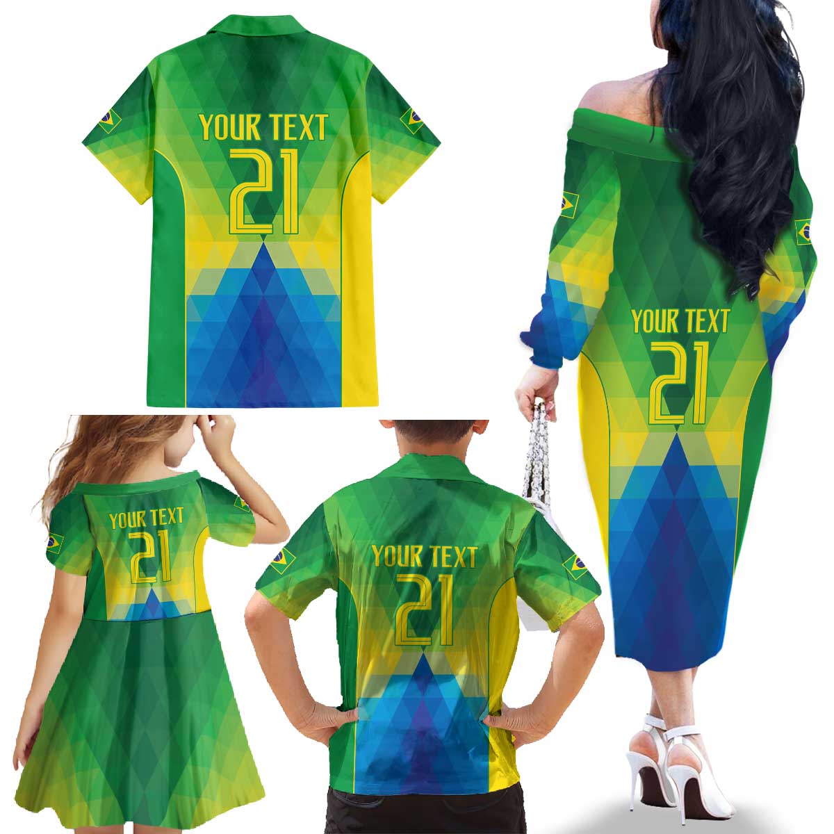 Brazil Football Custom Family Matching Off The Shoulder Long Sleeve Dress and Hawaiian Shirt Toco Toucan Bora Brasil! Go Brazil!