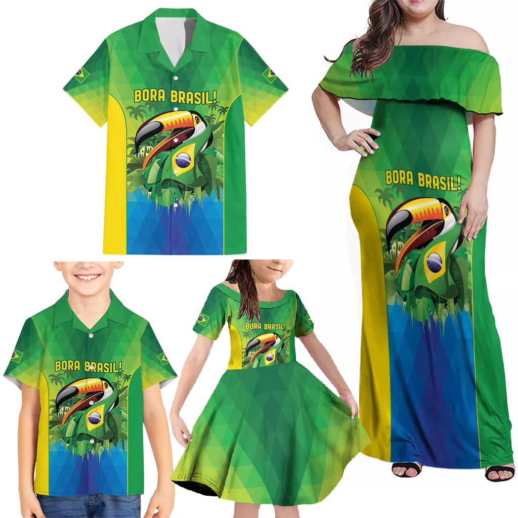 Brazil Football Custom Family Matching Off Shoulder Maxi Dress and Hawaiian Shirt Toco Toucan Bora Brasil! Go Brazil!