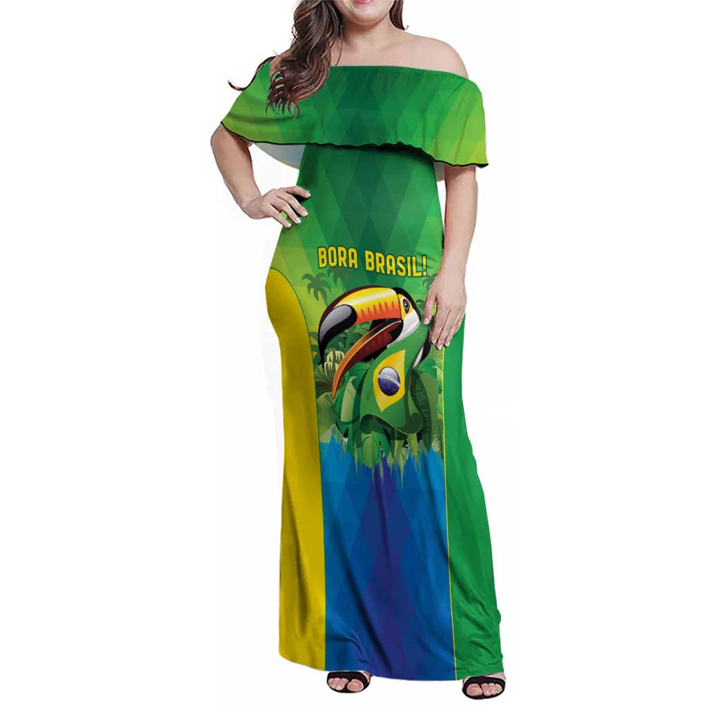 Brazil Football Custom Family Matching Off Shoulder Maxi Dress and Hawaiian Shirt Toco Toucan Bora Brasil! Go Brazil!
