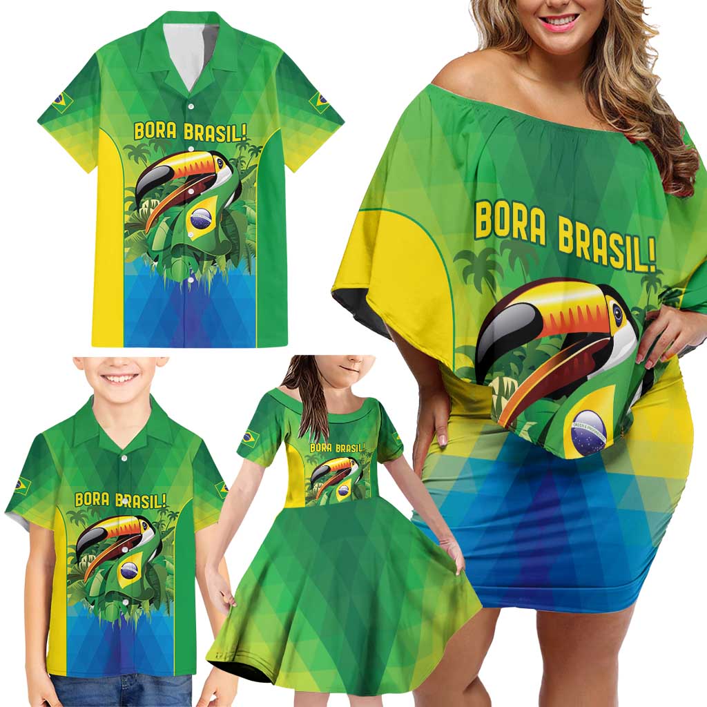 Brazil Football Custom Family Matching Off Shoulder Short Dress and Hawaiian Shirt Toco Toucan Bora Brasil! Go Brazil!