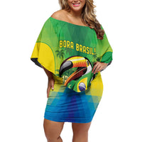 Brazil Football Custom Family Matching Off Shoulder Short Dress and Hawaiian Shirt Toco Toucan Bora Brasil! Go Brazil!