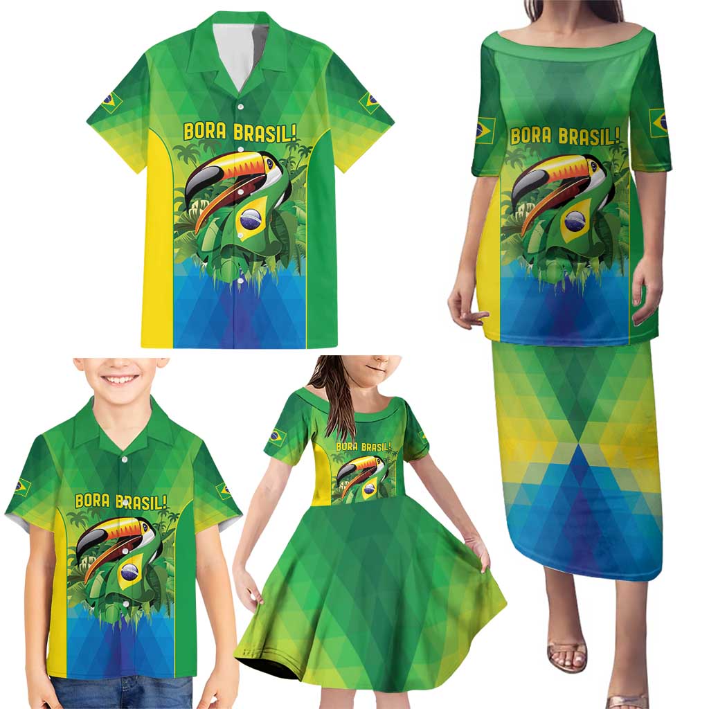 Brazil Football Custom Family Matching Puletasi and Hawaiian Shirt Toco Toucan Bora Brasil! Go Brazil!