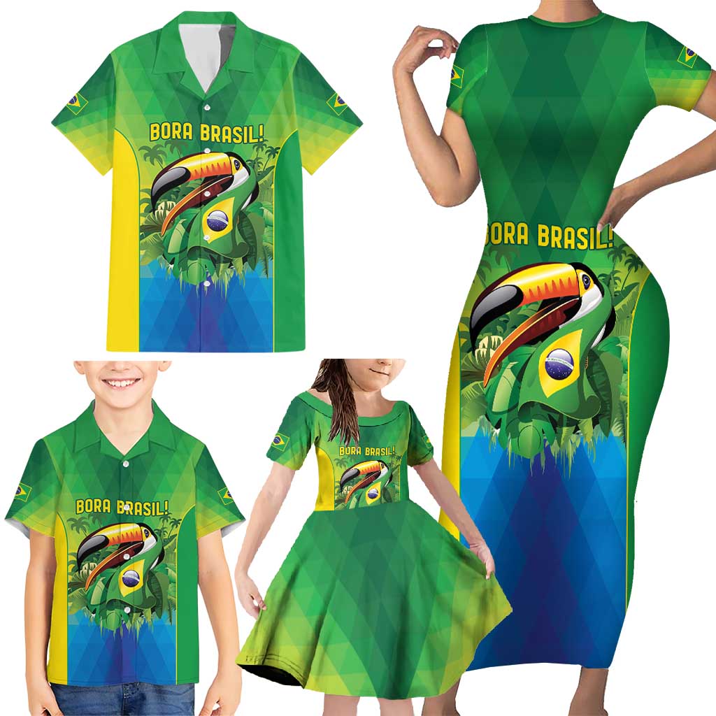 Brazil Football Custom Family Matching Short Sleeve Bodycon Dress and Hawaiian Shirt Toco Toucan Bora Brasil! Go Brazil!