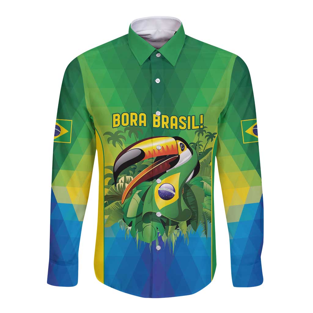 Brazil Football Custom Long Sleeve Button Shirt Toco Toucan Bora Brasil! Go Brazil!