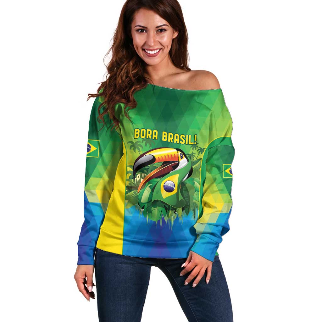 Brazil Football Custom Off Shoulder Sweater Toco Toucan Bora Brasil! Go Brazil!
