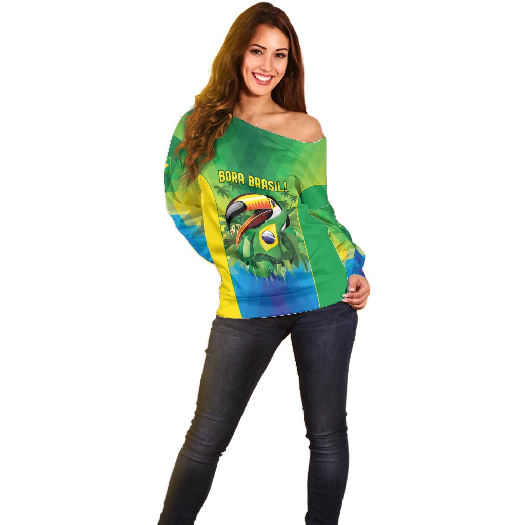 Brazil Football Custom Off Shoulder Sweater Toco Toucan Bora Brasil! Go Brazil!