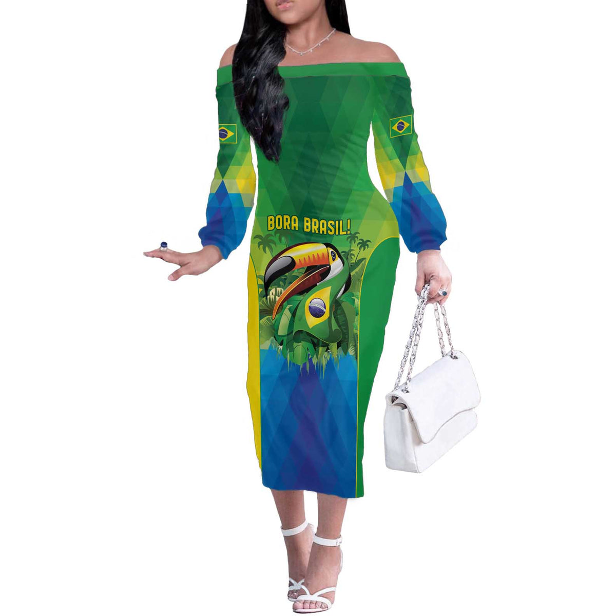 Brazil Football Custom Off The Shoulder Long Sleeve Dress Toco Toucan Bora Brasil! Go Brazil!