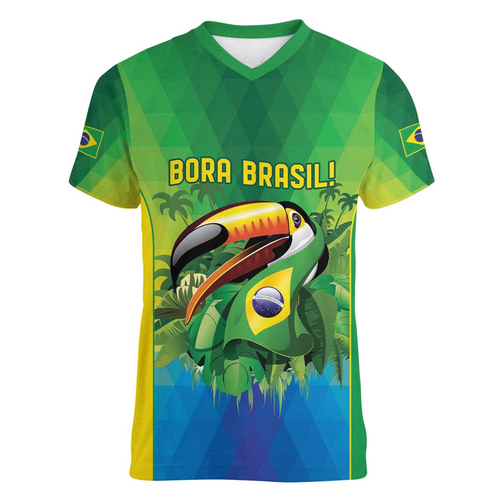Brazil Football Custom Women V-Neck T-Shirt Toco Toucan Bora Brasil! Go Brazil!