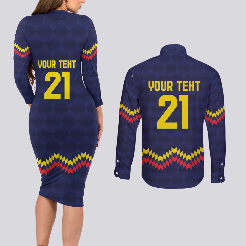 Ecuado Andean Condor Football Custom Couples Matching Long Sleeve Bodycon Dress and Long Sleeve Button Shirt Tricolors Motif