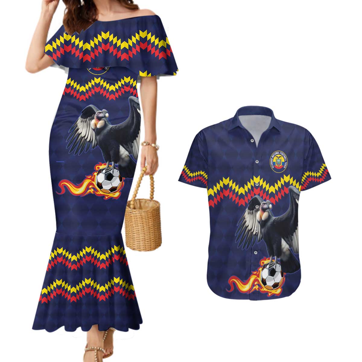 Ecuado Andean Condor Football Custom Couples Matching Mermaid Dress and Hawaiian Shirt Tricolors Motif